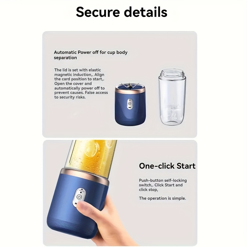 1 قطعة عصارة محمولة ومحضر عصائر بمنفذ USB مع 2 كوب (عصير وسموثي) - محرك عالي السرعة 21000 دورة في الدقيقة، نظام 6 شفرات، تشغيل بلمسة واحدة لعصائر منزلية طازجة وسموثي، مثالي للسفر والمنزل - هدية مثالية لعيد الميلاد والسفر