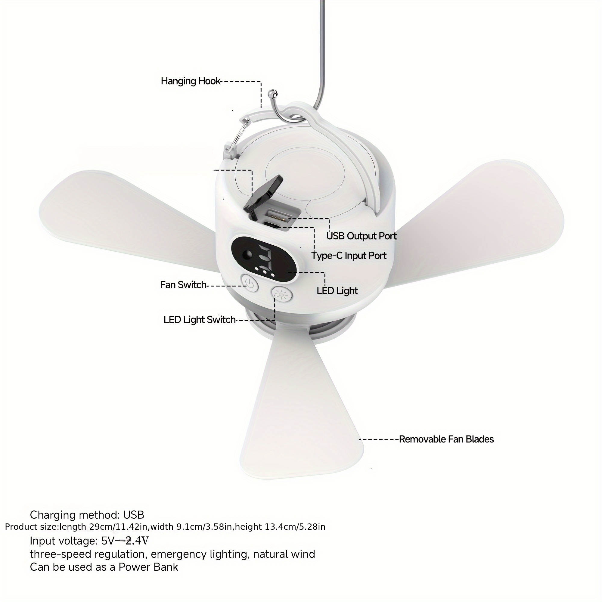 مروحة USB محمولة للاستخدام المنزلي، مروحة تخييم خارجية، مروحة سقف خيمة ذات سعة كبيرة، بطارية تدوم طويلاً، مروحة تخييم بإضاءة قابلة لإعادة الشحن، مروحة صغيرة معلقة محمولة للاستخدام في حالات الطوارئ، مروحة محمولة، مروحة تخييم
