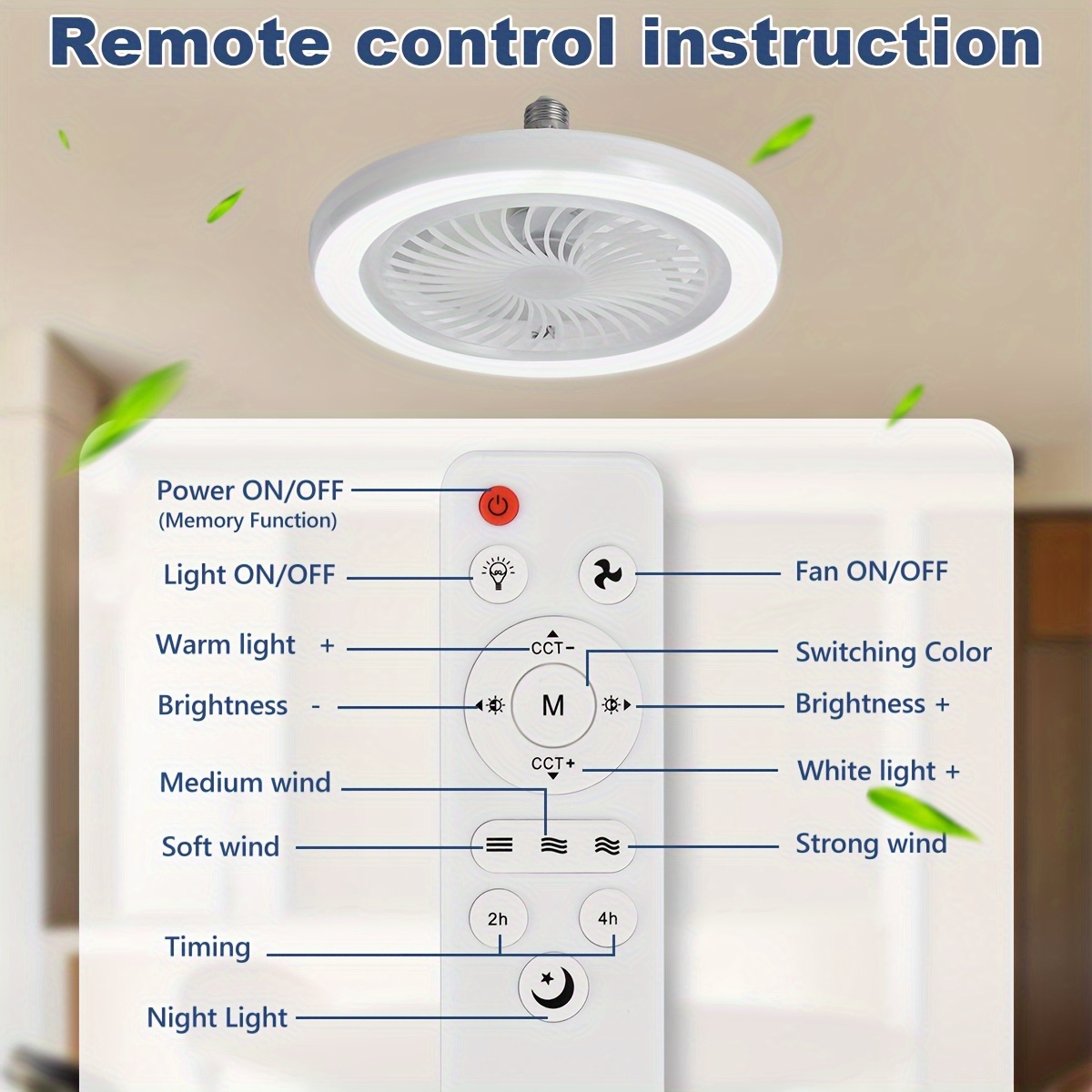 مروحة ذكية بإضاءة LED مع قوة ري قابلة للتعديل وتنعيم لا نهائي، بدون شفرة، تركيب مريح E27/E26 مع جهاز تحكم عن بعد، تصميم بسيط حديث مع إضاءة مروحة سقف رقيقة لغرفة المعيشة، غرفة النوم، غرفة الطعام، غرفة التخزين، إلخ.