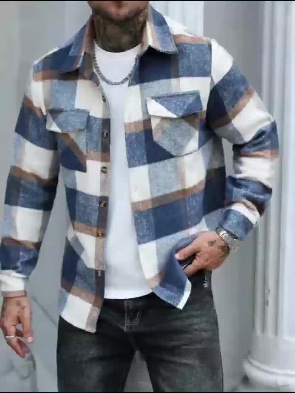 جاكيت قميص رجالي بأكمام طويلة بنقشة مربعات، بأزرار مفردة، جيب عملي، مصنوع من خامة مزيج، مناسب للخروج في الأوقات الحرة في الربيع والخريف، ملابس كاجوال، مصنوع من قماش مُجمَّع - الصورة 6