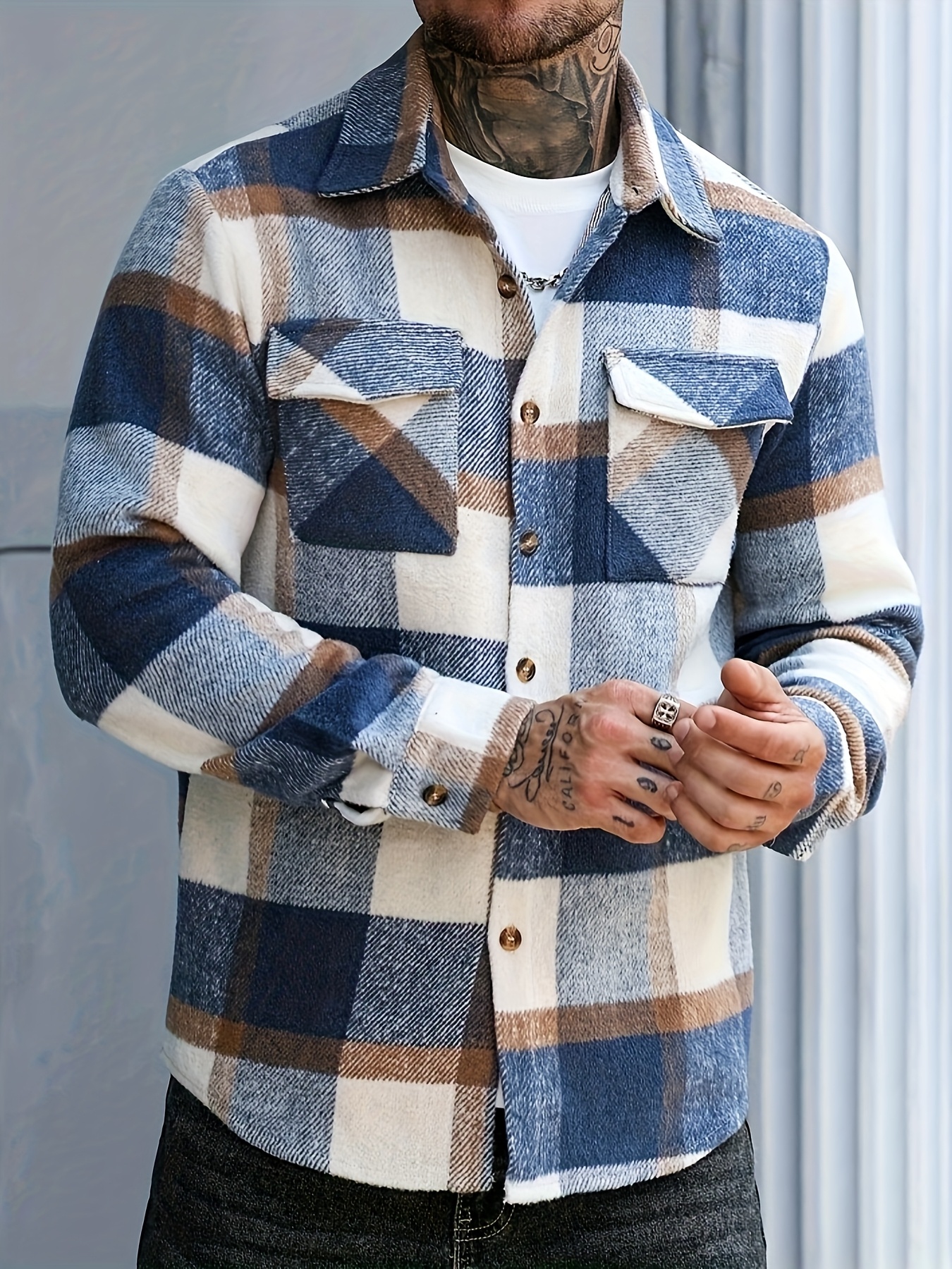 جاكيت قميص رجالي بأكمام طويلة بنقشة مربعات، بأزرار مفردة، جيب عملي، مصنوع من خامة مزيج، مناسب للخروج في الأوقات الحرة في الربيع والخريف، ملابس كاجوال، مصنوع من قماش مُجمَّع - الصورة 4