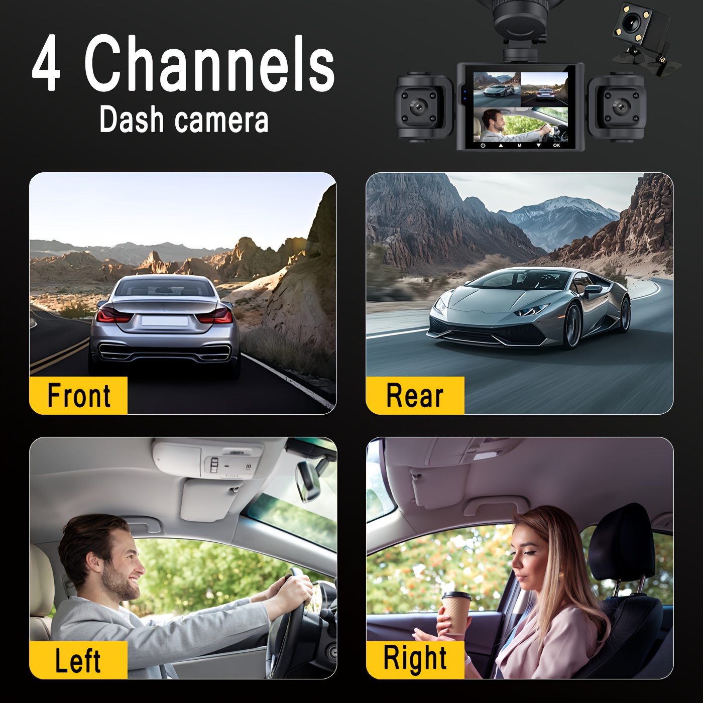 كاميرا سيارة 360° بـ4 قنوات - كاميرا أمامية 1080P وخلفية يسار ويمين 480P مع رؤية ليلية، WDR، بطاقة اختيارية بسعة 64GB، شاشة IPS 6.1 سم، تسجيل دائري، مستشعر G، وضع وقوف السيارات 24 ساعة