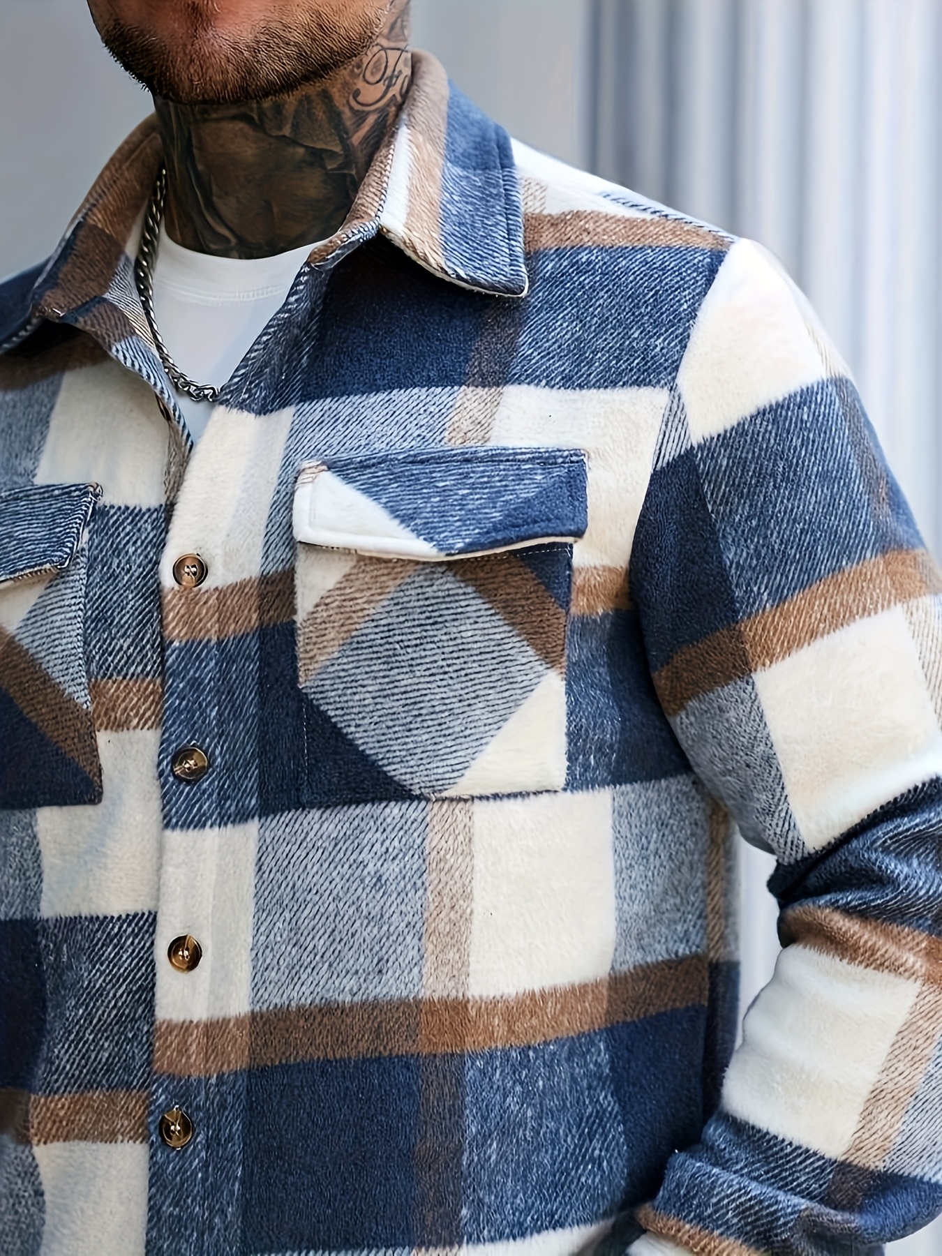 جاكيت قميص رجالي بأكمام طويلة بنقشة مربعات، بأزرار مفردة، جيب عملي، مصنوع من خامة مزيج، مناسب للخروج في الأوقات الحرة في الربيع والخريف، ملابس كاجوال، مصنوع من قماش مُجمَّع - الصورة 5