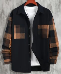 قميص رجالي كاجوال بأكمام طويلة بنقشة مربعات مع جيوب - نمط عمل كلاسيكي، ياقة بأزرار، قماش غير مطاطي، قصة عادية، قميص متعدد الاستخدامات للربيع/الخريف، ملابس عمل كاجوال | قميص بنقشة مربعات | قميص بياقة بأزرار