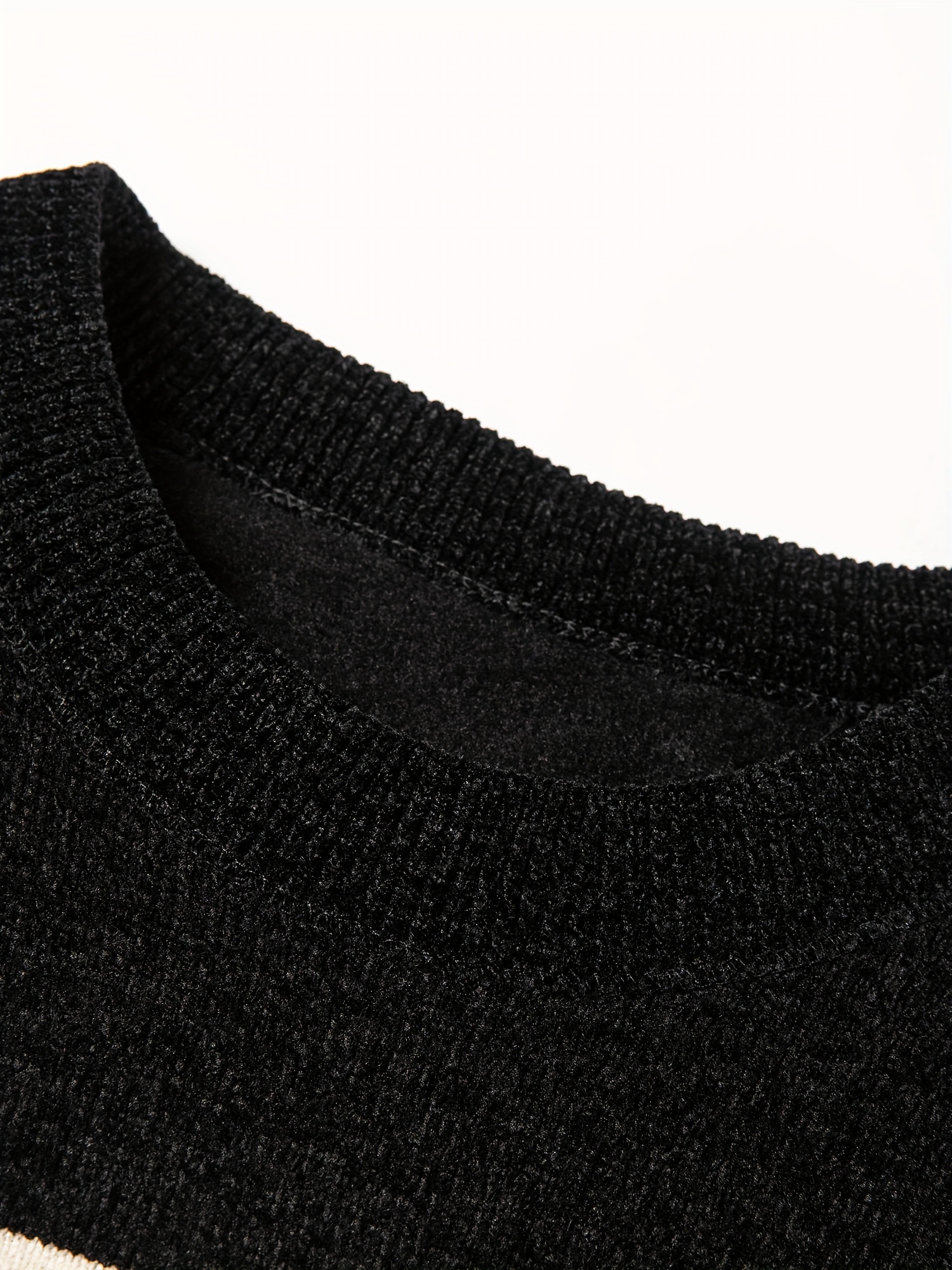 سويت شيرت شتوي للرجال بتصميم مخطط، مصنوع من بوليستر سميك، بياقة دائرية غير رسمية، مقاس عادي، بأكمام طويلة، سترة محبوكة بحواف وأساور مضلعة، بنمط حروف عصري، ملابس دافئة لفصل الشتاء