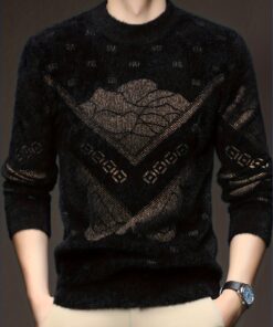 كنزة رجالية عصرية برقبة دائرية فاخرة | بلوفر محبوك سميك ودافئ بنقشة زهور وطباعة حرارية للخريف/الشتاء