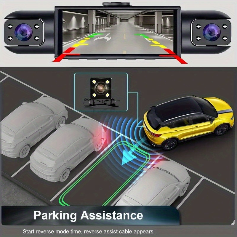 كاميرا مراقبة حقيقية 4 قنوات، أمامية 1080P FHD وخلفية/يسار/يمين 720P | تسجيل بزاوية واسعة 360 درجة | مستشعر الجاذبية/تدوين تلقائي للفيديو الأقدم | مراقبة وقوف السيارات، كشف الصدمات أو التصادم، وتشغيل تلقائي للتسجيل | وضع العودة للخلف