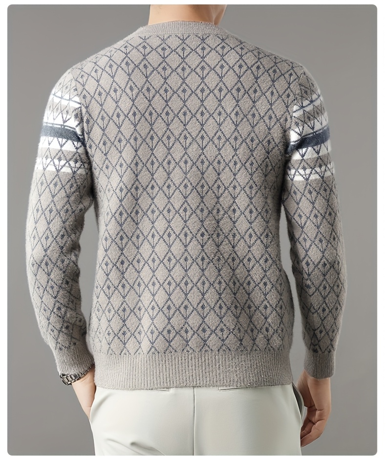 كنزة رجالية سميكة - بنقشة هندسية بنية، بلوزة بأكمام طويلة ورقبة دائرية للخريف/الشتاء، طبقة دافئة مع أساور مضلعة، ملابس كاجوال ورسمية - كنزة أساسية يومية للرجال، ملابس شتوية، تريكو
