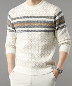كنزة رجالية سميكة - بنقشة هندسية بنية، بلوزة بأكمام طويلة ورقبة دائرية للخريف/الشتاء، طبقة دافئة مع أساور مضلعة، ملابس كاجوال ورسمية - كنزة أساسية يومية للرجال، ملابس شتوية، تريكو