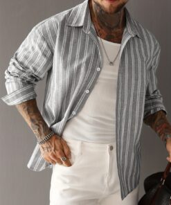 قميص رجالي طويل الأكمام مخطّط واسع - أسلوب عصري جديد