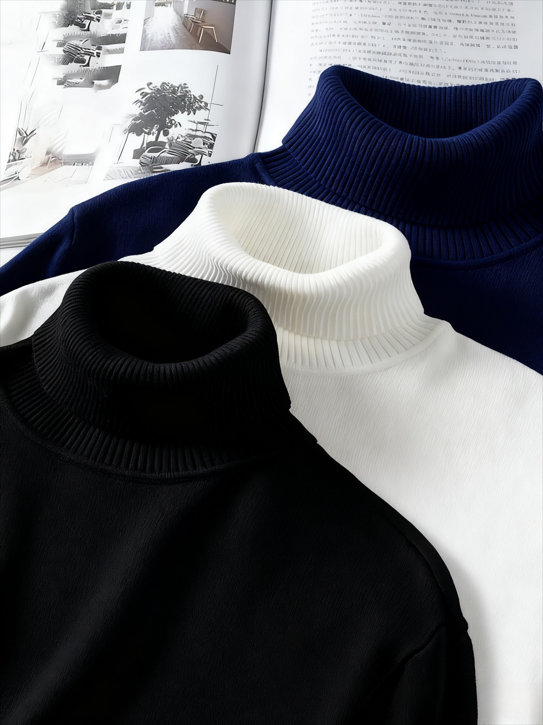 طقم سويتسرات رجالية كاجوال بياقة عالية محبوكة 3 قطع | لون موحد متعدد الاستخدامات، كم قصير، قماش مطاطي خفيف للخريف/الشتاء