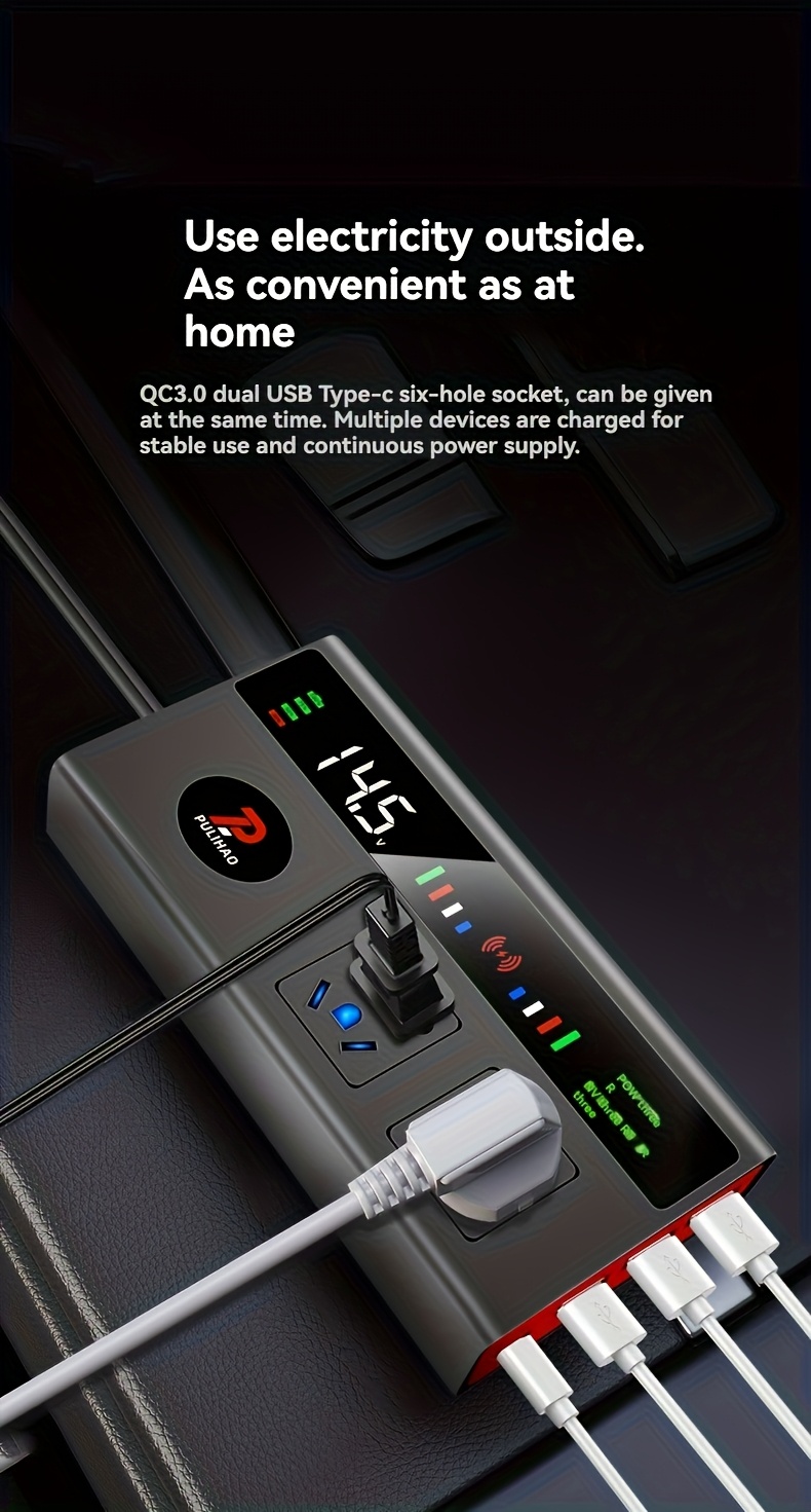محول طاقة للسيارة 200 واط مع شاشة LED و 3 منافذ USB - محول طاقة DC12V/24V، شحن سريع، متوافق مع الهاتف و Type-C، مادة ABS، لا حاجة لبطارية