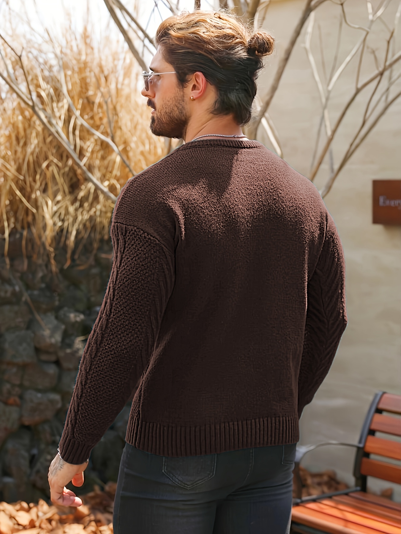 سترة صوفية دافئة للرجال لفصل الشتاء - سترة صوفية ناعمة برقبة دائرية وأكمام طويلة مقاس H، بلون سادة (بيج/أزرق بحري/أسود/بني) قابلة للغسل في الغسالة، سترة سميكة للطقس البارد، ملابس مكتبية وكاجوال