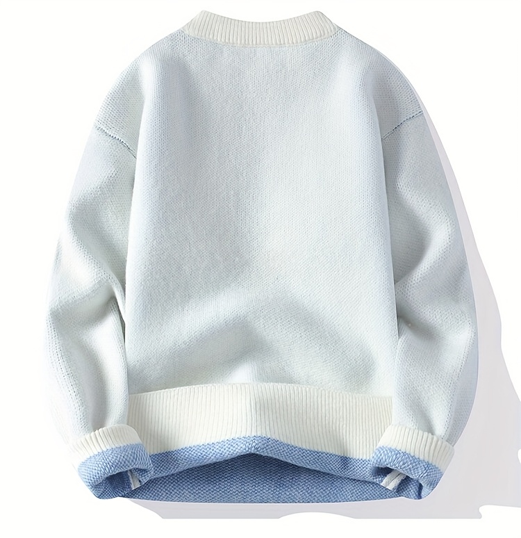 سويتر رجالي كوري بأكمام مستديرة، بلوزة صوفية مبطنة دافئة بتصميم مرقع عصري للشباب، قميص أساسي ملون جديد لفصلي الخريف والشتاء 711