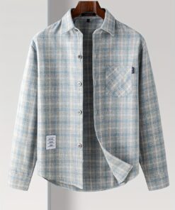 قميص رجالي طويل الأكمام من ROMON - كلاسيكي بنقشة مربعات زرقاء/رمادية، قميص رسمي للعمل والمكتب اليومي مع أزرار أمامية، ملابس رسمية قابلة للغسيل الآلي للرجال، ملابس خريفية، جيب صدر أنيق، ملابس كاجوال متينة