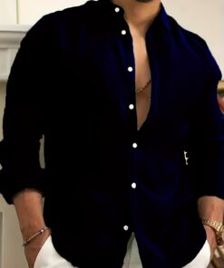 قميص كتان رجالي كاجوال | لون موحد، كم طويل، زر واحد، قصة عادية، مناسب للربيع/الخريف