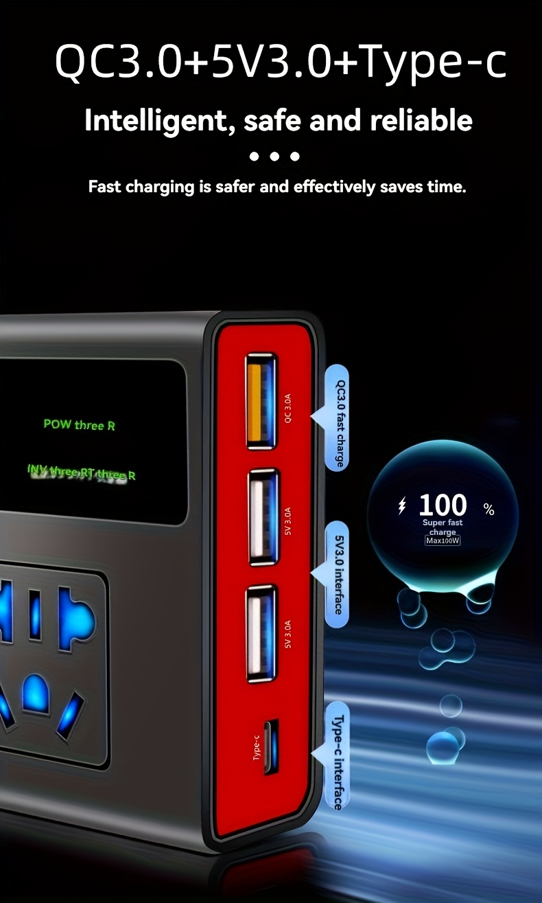 محول طاقة للسيارة 200 واط مع شاشة LED و 3 منافذ USB - محول طاقة DC12V/24V، شحن سريع، متوافق مع الهاتف و Type-C، مادة ABS، لا حاجة لبطارية