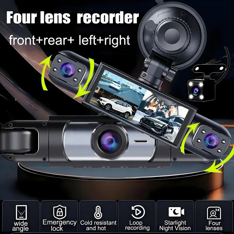 كاميرا مراقبة حقيقية 4 قنوات، أمامية 1080P FHD وخلفية/يسار/يمين 720P | تسجيل بزاوية واسعة 360 درجة | مستشعر الجاذبية/تدوين تلقائي للفيديو الأقدم | مراقبة وقوف السيارات، كشف الصدمات أو التصادم، وتشغيل تلقائي للتسجيل | وضع العودة للخلف