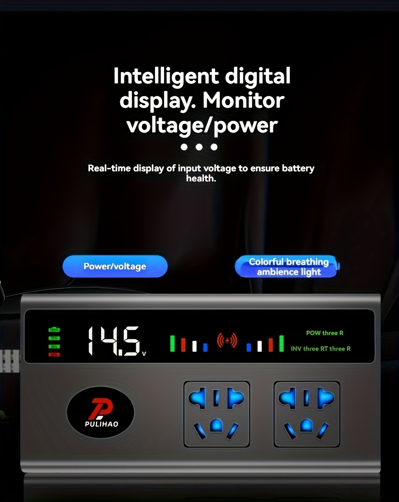 محول طاقة للسيارة 200 واط مع شاشة LED و 3 منافذ USB - محول طاقة DC12V/24V، شحن سريع، متوافق مع الهاتف و Type-C، مادة ABS، لا حاجة لبطارية
