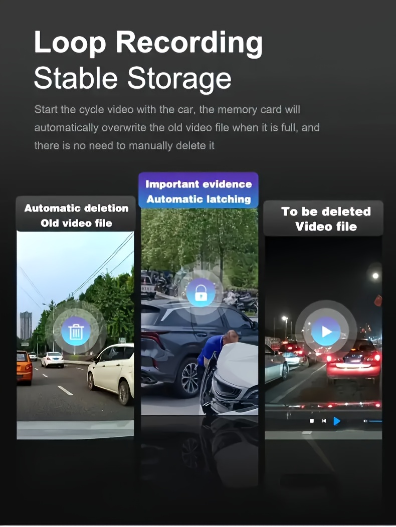 كاميرا سيارة ثلاثية العدسات (داش كام): دقة أمامية بدقة عالية الوضوح 1080 بكسل، وعدستين داخلية وخلفية بدقة 480 بكسل. اكسسوارات | مسجل فيديو رقمي | مسجل | مراقبة ركن السيارة، رؤية ليلية داخلية بالأشعة تحت الحمراء، تسجيل دوري