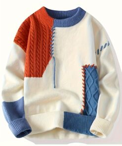 كنزة رجالية بلون متباين مع كابل - ملمس مضلع ناعم، قابلة للغسل في الغسالة، بلوفر بياقة دائرية على الطراز الكوري مع تصميم مطرزة، قميص محبوك سميك ودافئ للربيع والخريف والشتاء، مناسبات غير رسمية وبناتية، متينة للارتداء، صدرية كنزة، ملابس الخريف والشتاء، ملابس كاجوال عصرية، قماش ذو ملمس ناعم، كنزة رجالية، أزياء كورية رجالية، كارديجان رجالي، ملابس شتوية للرجال، قميص للرجال، بلوفر رجالي، ملابس محبوكة للرجال