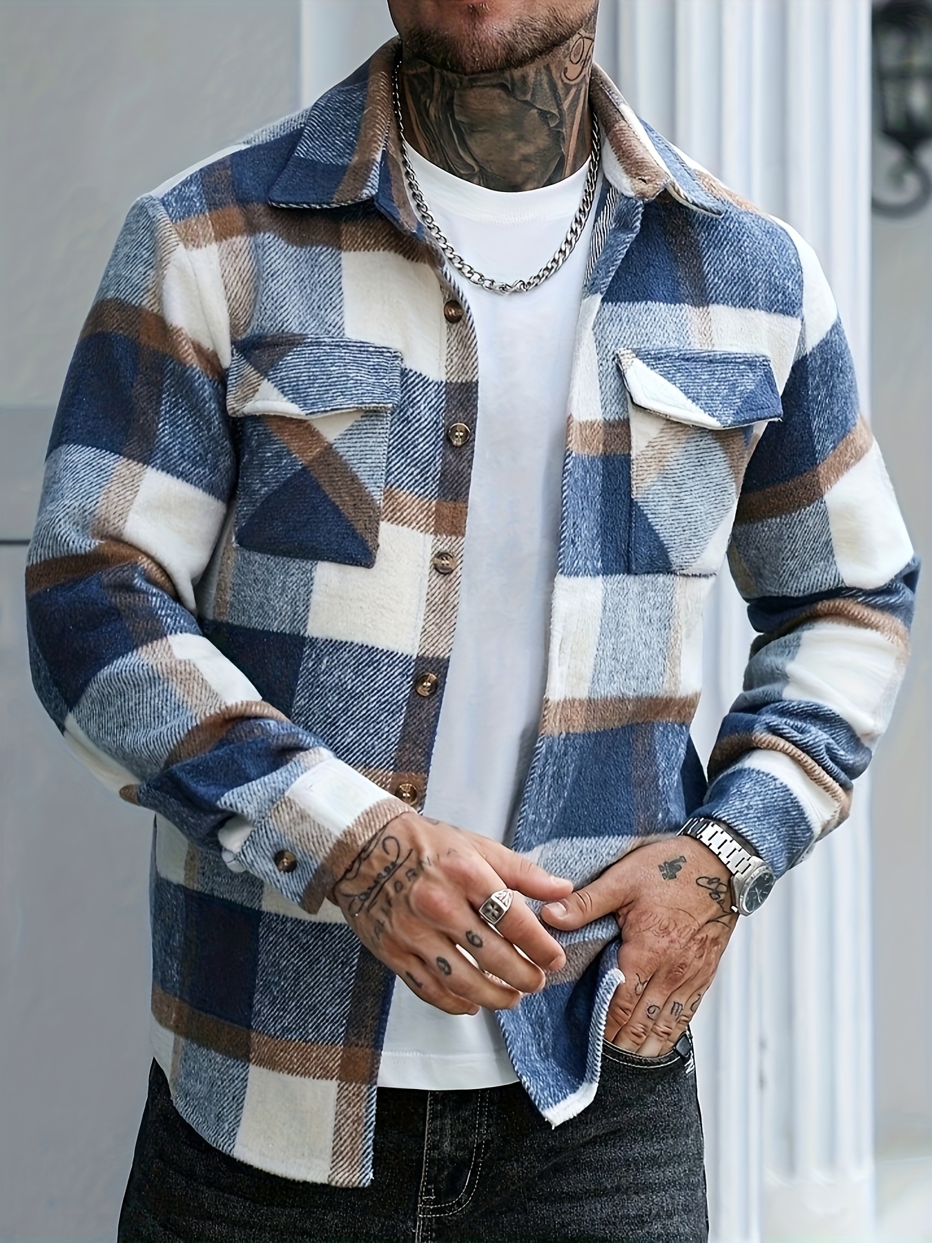 جاكيت قميص رجالي بأكمام طويلة بنقشة مربعات، بأزرار مفردة، جيب عملي، مصنوع من خامة مزيج، مناسب للخروج في الأوقات الحرة في الربيع والخريف، ملابس كاجوال، مصنوع من قماش مُجمَّع