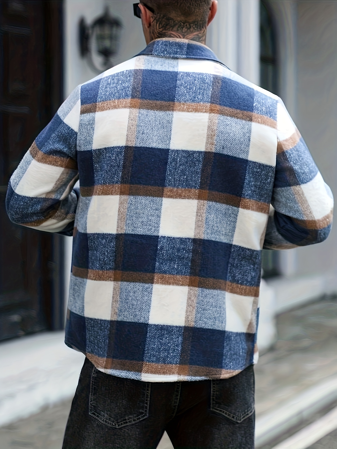 جاكيت قميص رجالي بأكمام طويلة بنقشة مربعات، بأزرار مفردة، جيب عملي، مصنوع من خامة مزيج، مناسب للخروج في الأوقات الحرة في الربيع والخريف، ملابس كاجوال، مصنوع من قماش مُجمَّع