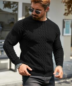 سترة صوفية دافئة للرجال لفصل الشتاء - سترة صوفية ناعمة برقبة دائرية وأكمام طويلة مقاس H، بلون سادة (بيج/أزرق بحري/أسود/بني) قابلة للغسل في الغسالة، سترة سميكة للطقس البارد، ملابس مكتبية وكاجوال