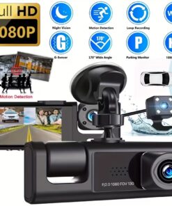 كاميرا لوحة القيادة ثلاثية القنوات | 1080P أمامي، 480P خلفي، رؤية ليلية بالأشعة تحت الحمراء، تسجيل حلقي، عدسة واسعة الزاوية، شاشة IPS مقاس 5.08 سم (بطاقة TF غير متضمنة)