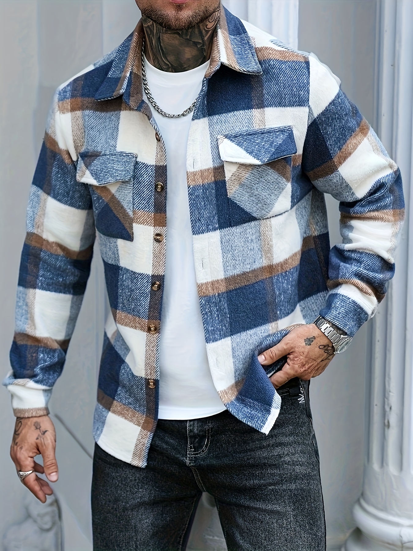 جاكيت قميص رجالي بأكمام طويلة بنقشة مربعات، بأزرار مفردة، جيب عملي، مصنوع من خامة مزيج، مناسب للخروج في الأوقات الحرة في الربيع والخريف، ملابس كاجوال، مصنوع من قماش مُجمَّع - الصورة 2