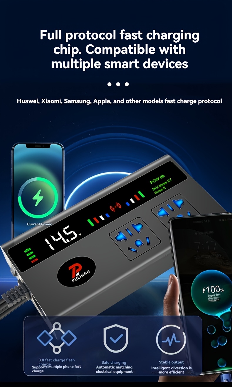 محول طاقة للسيارة 200 واط مع شاشة LED و 3 منافذ USB - محول طاقة DC12V/24V، شحن سريع، متوافق مع الهاتف و Type-C، مادة ABS، لا حاجة لبطارية