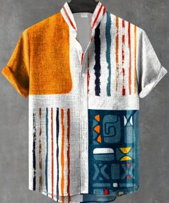 قميص رجالي ريترو - ياقة قائمة مع أزرار أمامية، قماش غير مطاطي - مناسبة للفعاليات الرسمية والكاجوال - ألوان البرتقالي/الأزرق/الأسود/الأبيض/التيل - ملابس صيفية وعملية - سهل الغسل في الآلة، قطعة أساسية متعددة الاستخدامات، تصميم هندسي متميز، نسيج محكم، قميص بأكمام قصيرة