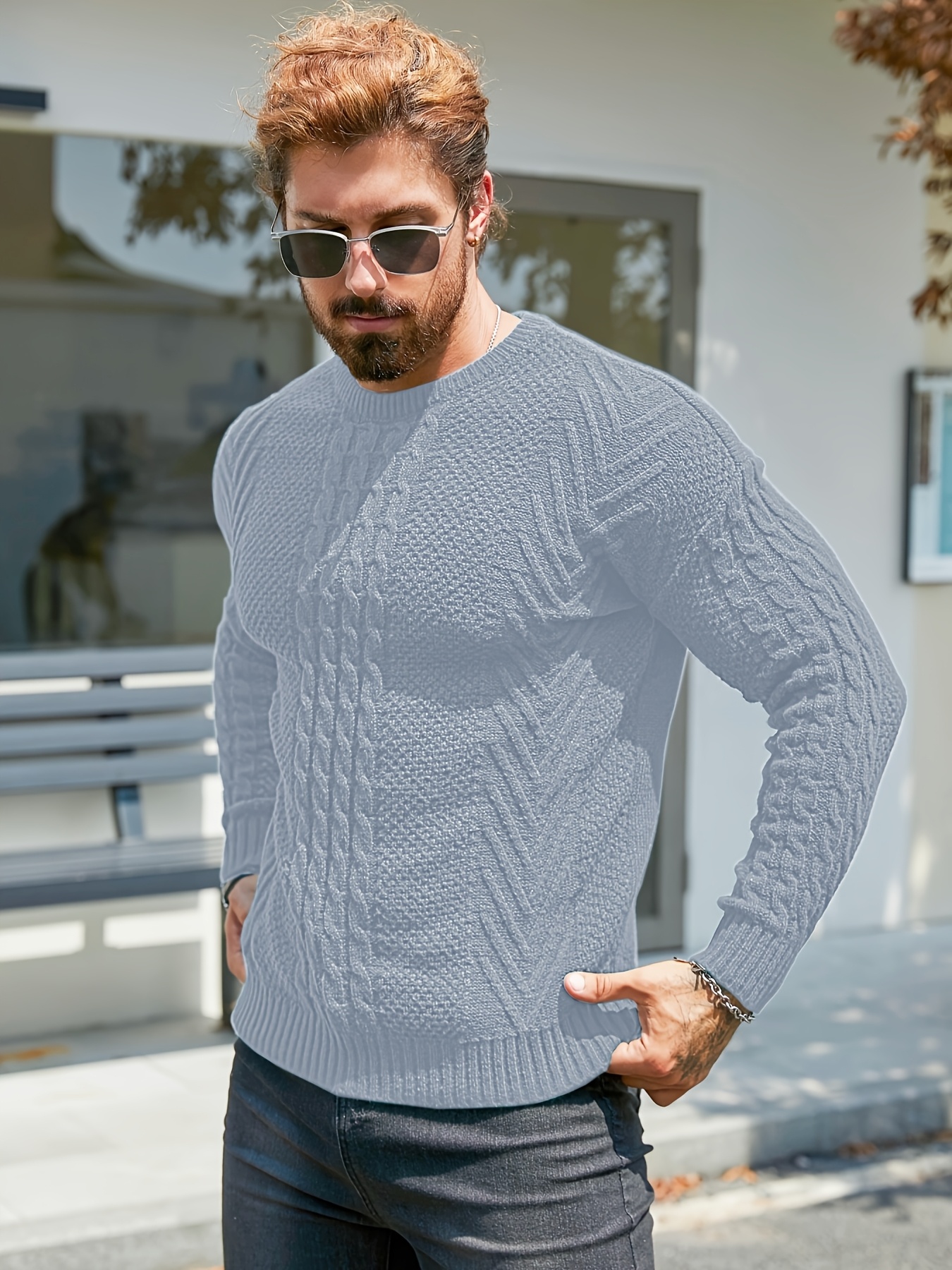 سترة صوفية دافئة للرجال لفصل الشتاء - سترة صوفية ناعمة برقبة دائرية وأكمام طويلة مقاس H، بلون سادة (بيج/أزرق بحري/أسود/بني) قابلة للغسل في الغسالة، سترة سميكة للطقس البارد، ملابس مكتبية وكاجوال