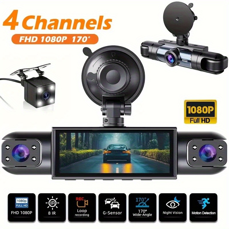 كاميرا مراقبة حقيقية 4 قنوات، أمامية 1080P FHD وخلفية/يسار/يمين 720P | تسجيل بزاوية واسعة 360 درجة | مستشعر الجاذبية/تدوين تلقائي للفيديو الأقدم | مراقبة وقوف السيارات، كشف الصدمات أو التصادم، وتشغيل تلقائي للتسجيل | وضع العودة للخلف
