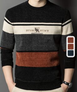 سويت شيرت شتوي للرجال بتصميم مخطط، مصنوع من بوليستر سميك، بياقة دائرية غير رسمية، مقاس عادي، بأكمام طويلة، سترة محبوكة بحواف وأساور مضلعة، بنمط حروف عصري، ملابس دافئة لفصل الشتاء