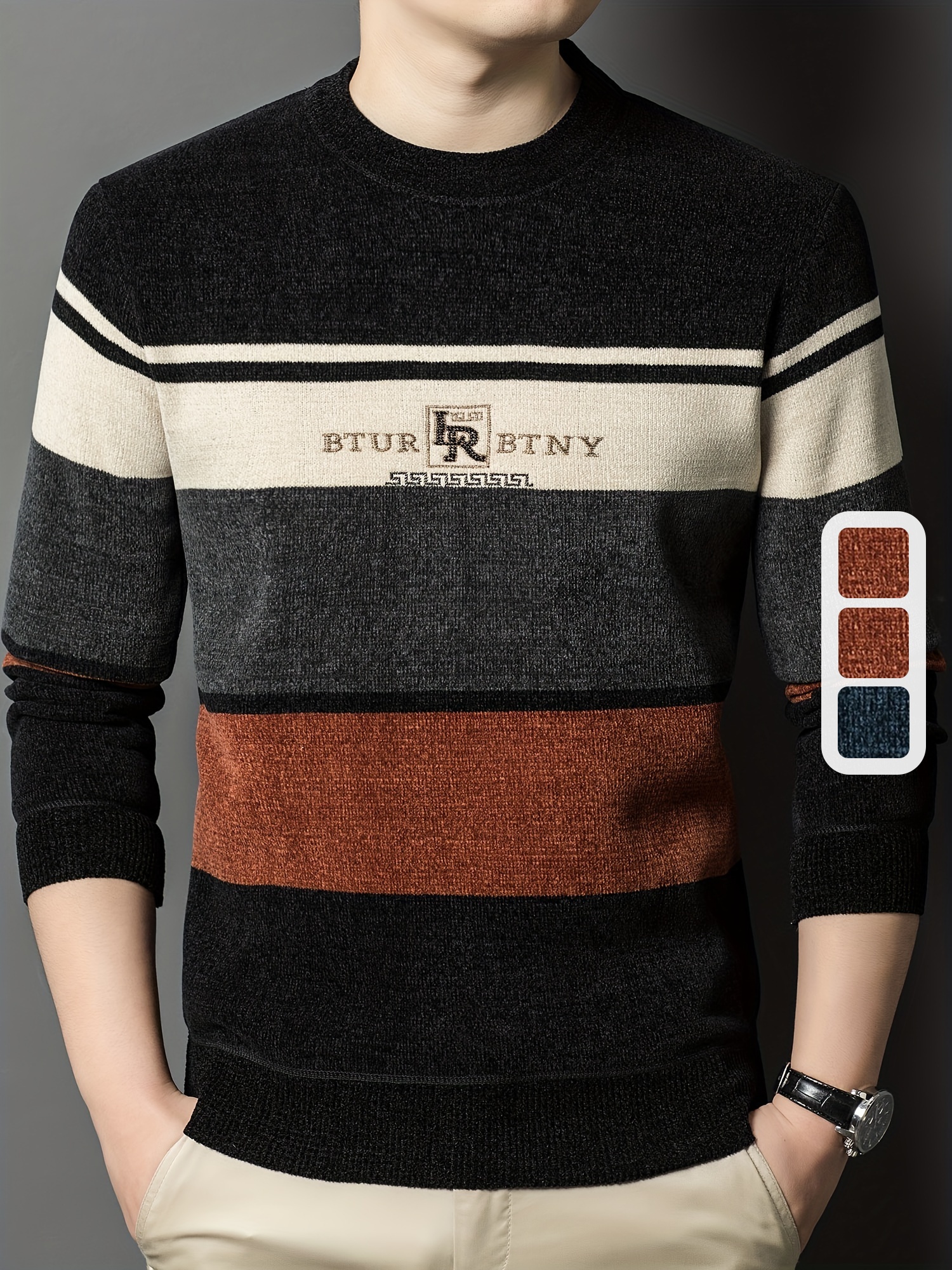 سويت شيرت شتوي للرجال بتصميم مخطط، مصنوع من بوليستر سميك، بياقة دائرية غير رسمية، مقاس عادي، بأكمام طويلة، سترة محبوكة بحواف وأساور مضلعة، بنمط حروف عصري، ملابس دافئة لفصل الشتاء