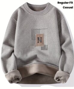 كنزة رجالية مريحة مبطنة بالفرو - بلوفر بأكمام طويلة ورقبة دائرية مع طبعة حرف "N"، دفء شتوي كاجوال، قصة عادية للخريف/الشتاء، كنزة ملابس كاجوال، |كنزة بنمط كاجوال| كنزة قماش مطاطي, ملابس الشتاء للرجال, سويتر, ملابس رجالي شتوي, ملابس شتويه رجاليه