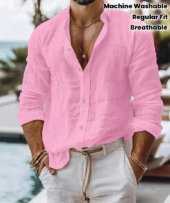 قميص رجالي صيفي من خليط القطن والكتان - أكمام طويلة قابلة للتنفس، جاكيت بأزرار للشاطئ والملابس العادية، قميص بيضاوي بيج بياقة واقفة لحفلات الزفاف، اليخوت، العطلات - قابل للغسل في الغسالة (مقاس عادي)