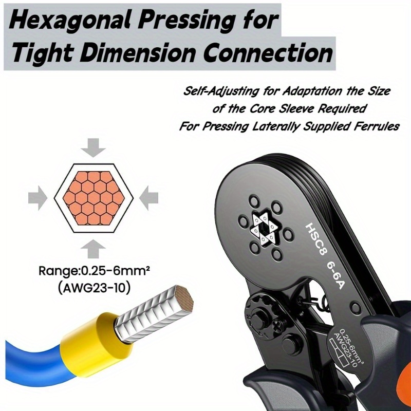 مجموعة أدوات تجعيد أوتوماتيكية ثقيلة مع مقشرة سلك وموصلات - HSC8 6-6A AWG 23-10 Gauge، مكبس كهربائي سداسي لأعمال DIY والسيارات والأسلاك - مشبك مقشر سلك قابل للتعديل، مجموعة طرفية بدون براغي (احترافي/سكني)