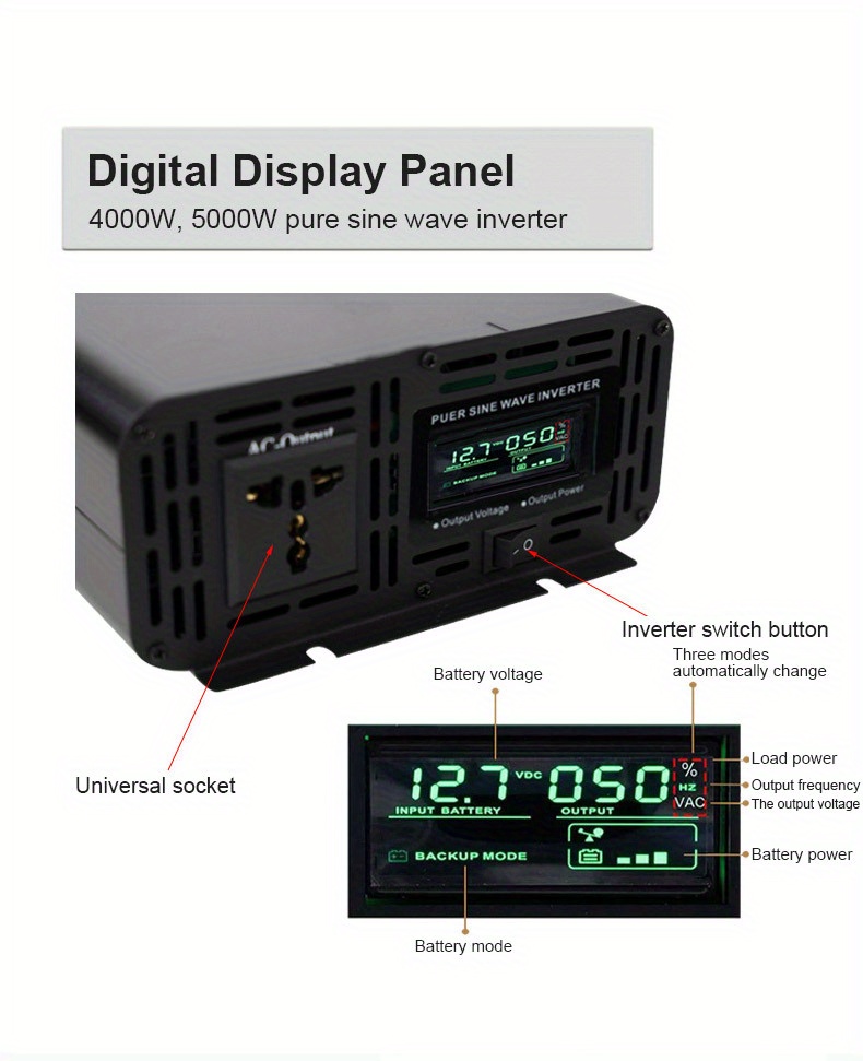 محول طاقة موجة جيبية عالية القوة 1 قطعة EAFC بقدرات 7000 واط / 5000 واط / 4000 واط ذروة - من 12 فولت تيار مستمر إلى 220 فولت تيار متردد مع مقبس أوروبي/بريطاني، حماية متعددة، شاشة LCD ومروحة تبريد للمنزل، السيارة، العربة المنزلية، الأجهزة